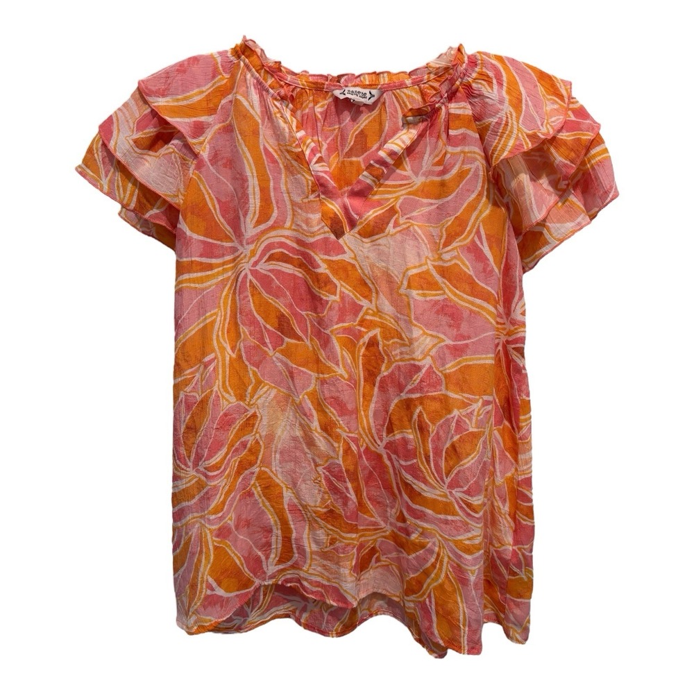 Nanette Lepore Top Womens Medium Floral Blouse Pink‎ Orange Ruffle Sleeve Sheer - Picture 6 of 6